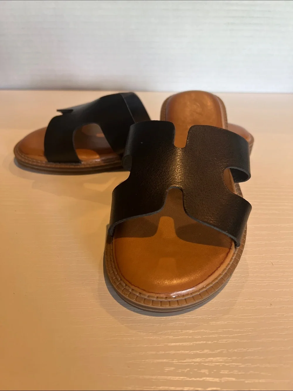 Women's Black Slide Sandals with Tan Footbed